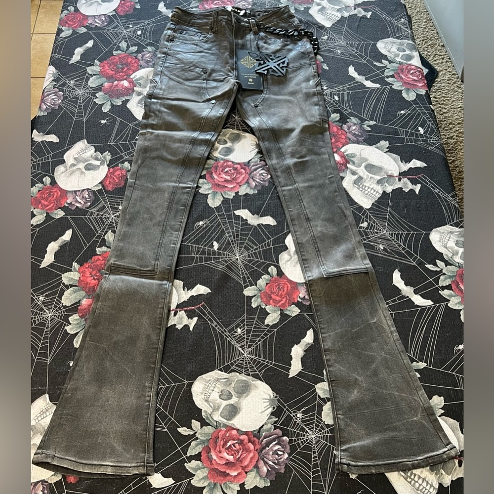 NWT GUAPI WASHED BLACK WAXED STACKED DENIM JEANS WITH CHAIN SIZE MENS 28 RARE